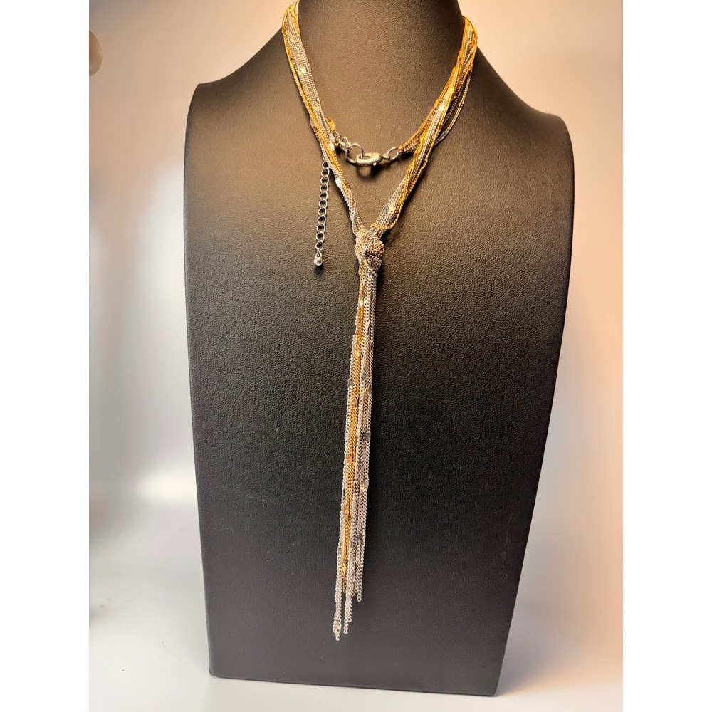 Vintage Lariat Necklace Gold Silver Multi Strand Tassel Fringe Statement Boho